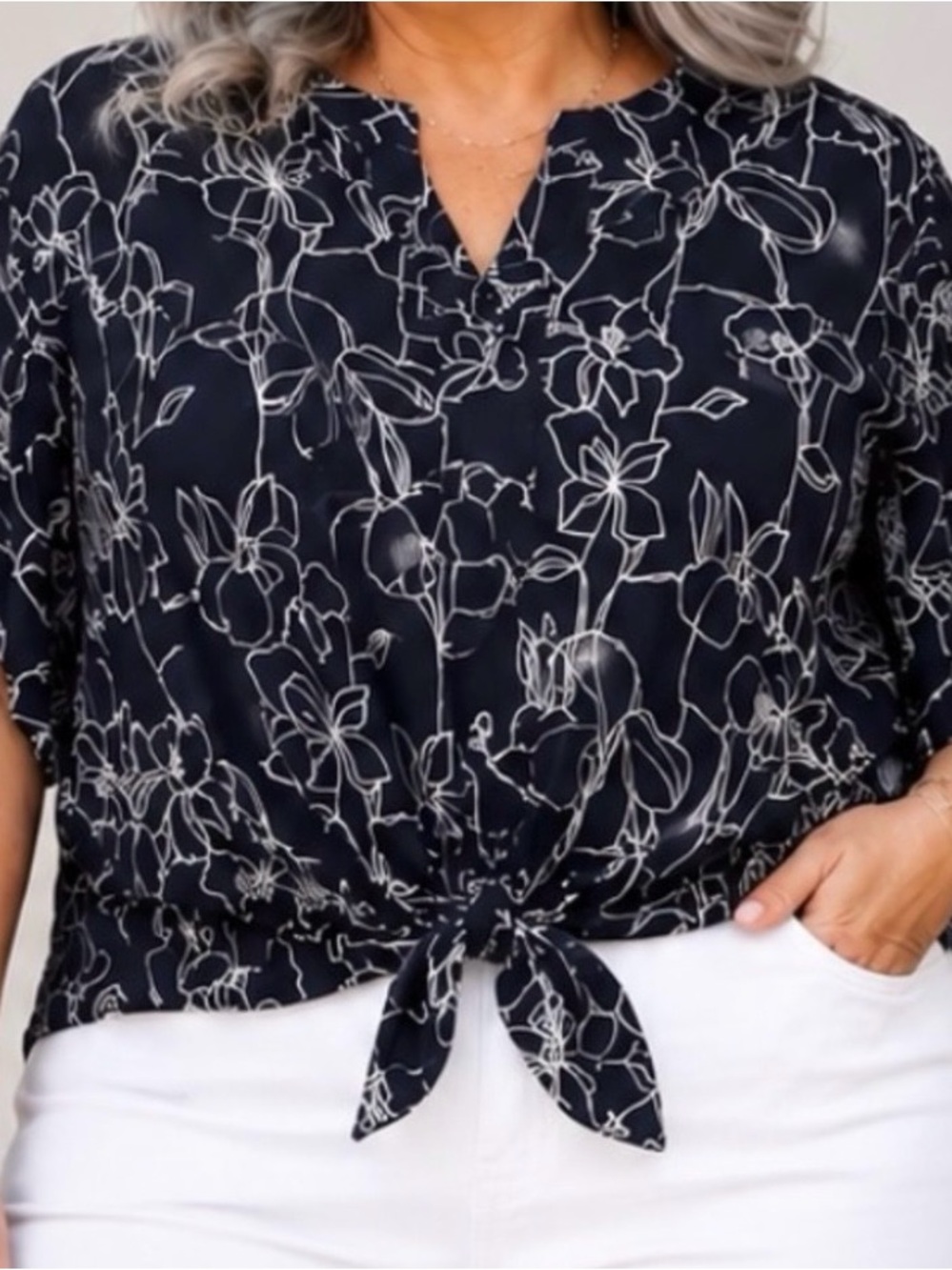 Chico's Navy and White Floral Tie-Front Blouse